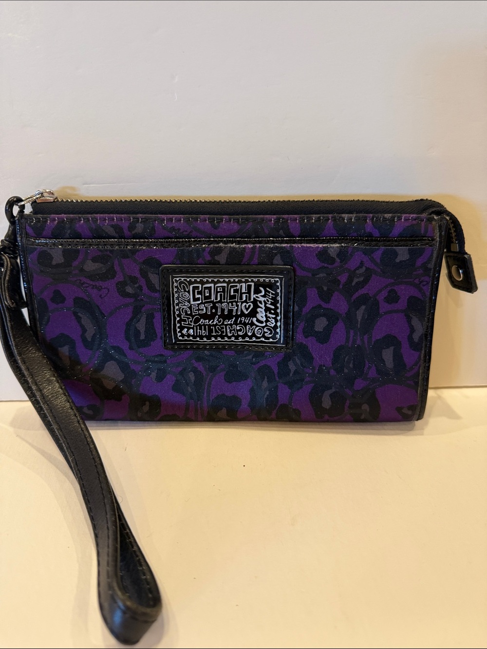 Coach Purple and Black Leopard Print Wristlet Clutch